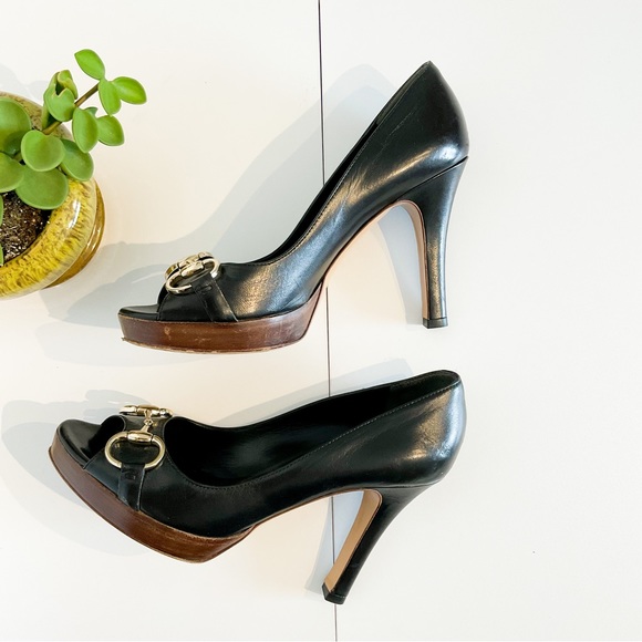 Gucci Shoes - Authentic GUCCI Black Leather Horsebit Gold Hardware Peep Toe Heels